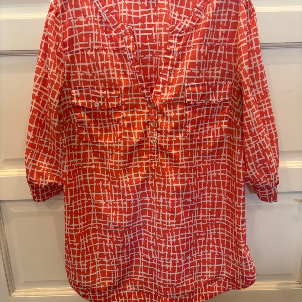 Women's deep salmon/orange print blouse